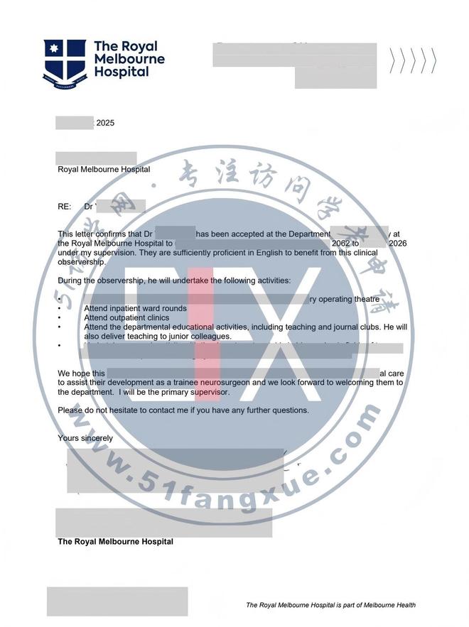 成功案例|医学硕士Z 医生获皇家墨尔本医院访学邀请函